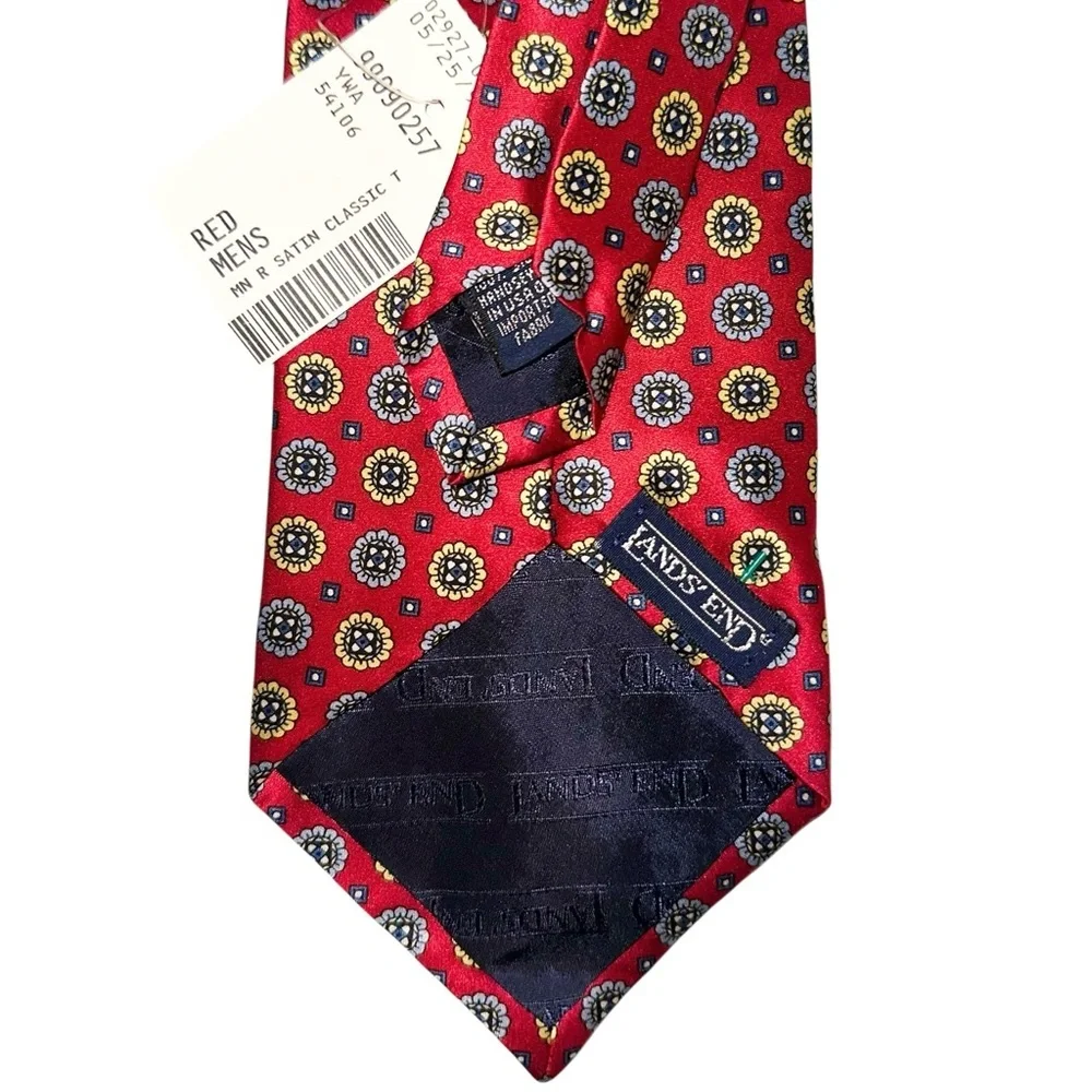 NWT Lands’ End Mens Tie Silk Red & Yellow Medallion Handsewn Satin 59x3.75” USA